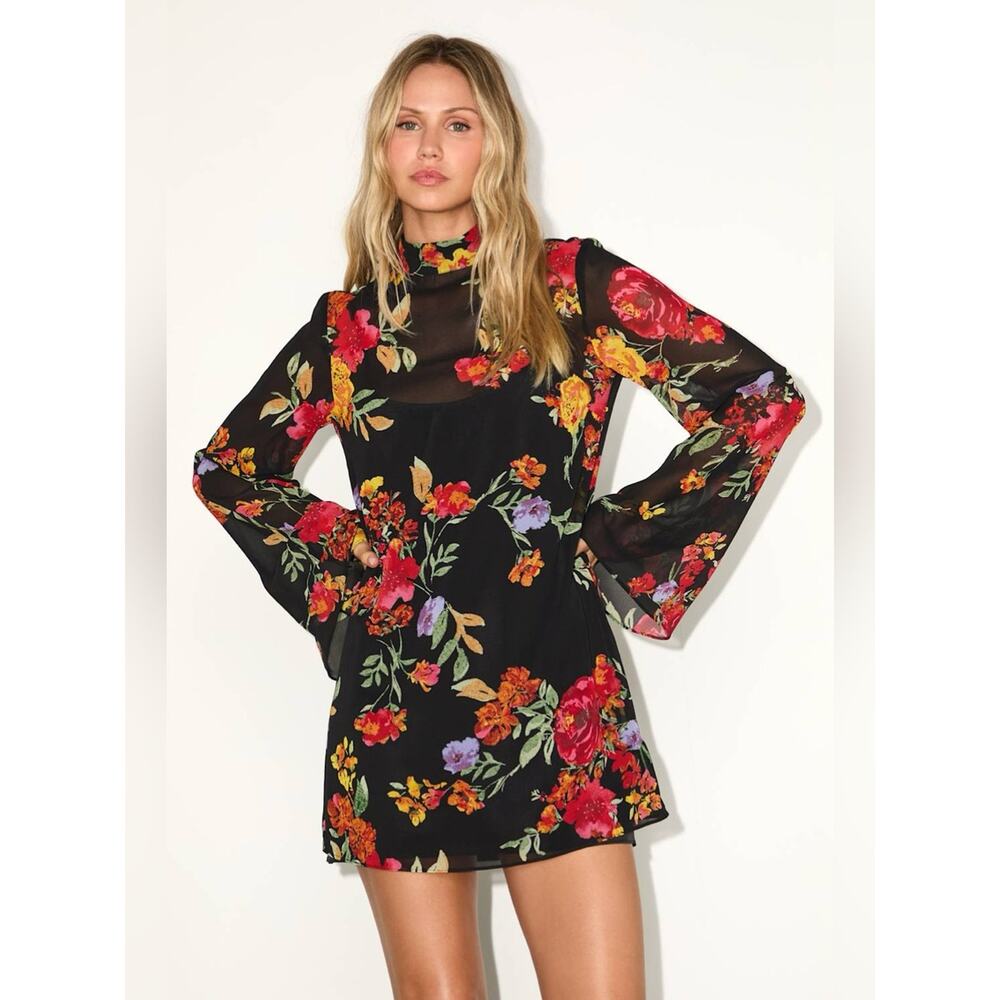 Lulus Perfected Charm Black Floral Bell Sleeve Mini Shift Dress size S - Picture 3 of 7